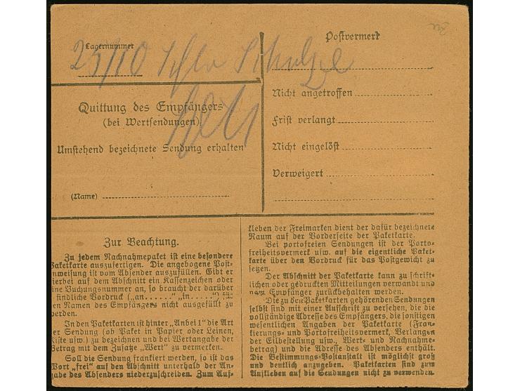 1920, Hüttenwerke 5 Mark orange, sauber mit Stempel “TOST 21.10.20” auf Nachnahmepaketkarte über “262 Mark” nach Berlin, eine