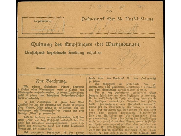 1920, Hüttenwerke 5 Mark orange, sauber mit Stempel “ROSENBERG 21.9.20” auf Wert-Paketkarte über 100 Mark nach Breslau, eine 