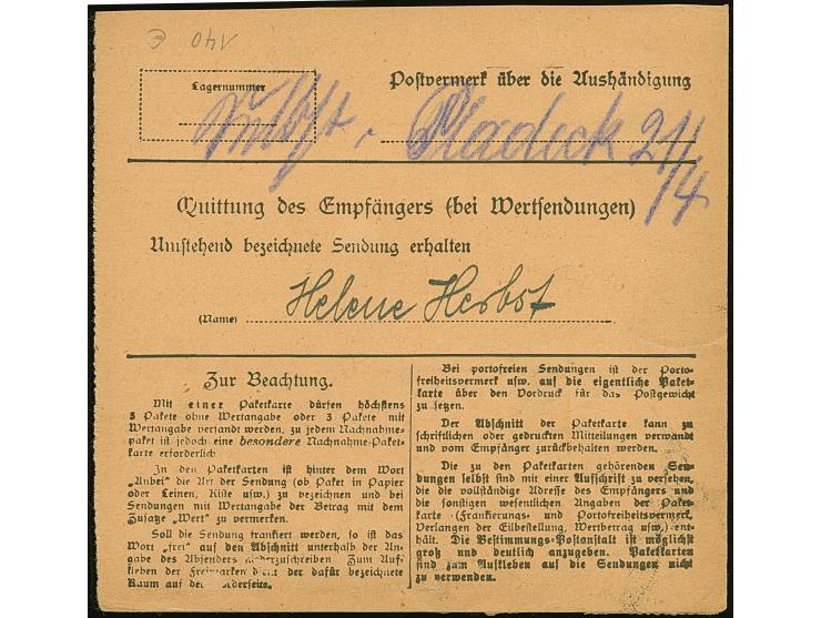 1920, Hüttenwerke 5 Mark orange, zwei Einzelwerte, sauber mit Stempel "EMMAGRUBE 18.4.21" auf Paketkarte nach Berlin, obere M