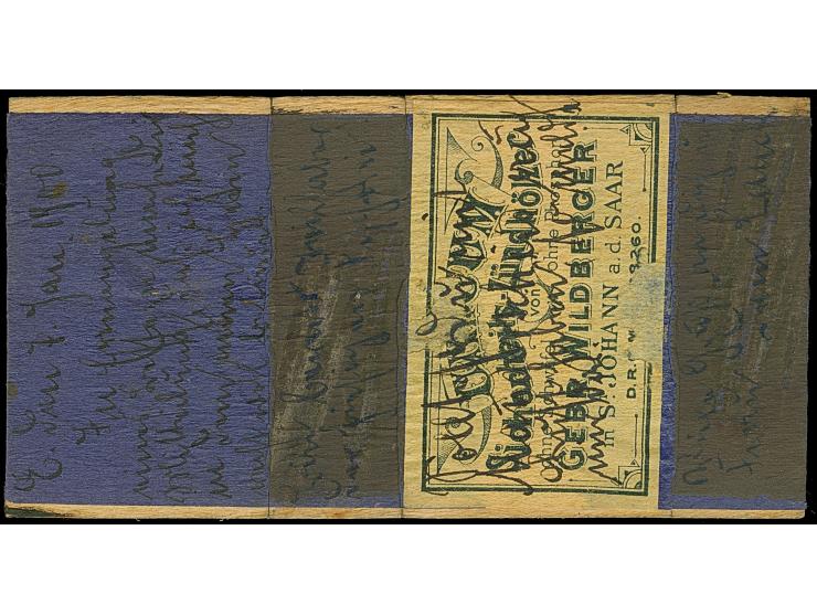 1890, Krone/Adler 10 Pfg. lebhaftlilarot mit Stempel “….8.1.00” auf Holz-Postkarte mit rückseitig aufgeklebtem Zündholz-Werbu