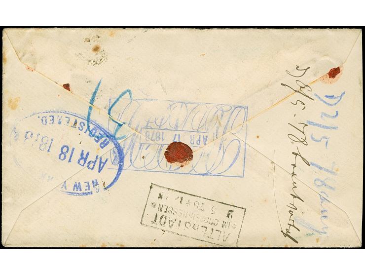 1878, “Vom Ausland über Hamburg 1”, geschnittener R-Zettel &nbsp;auf R-Brief mit USA Daniel Webster 15 C. orange mit Korkstem