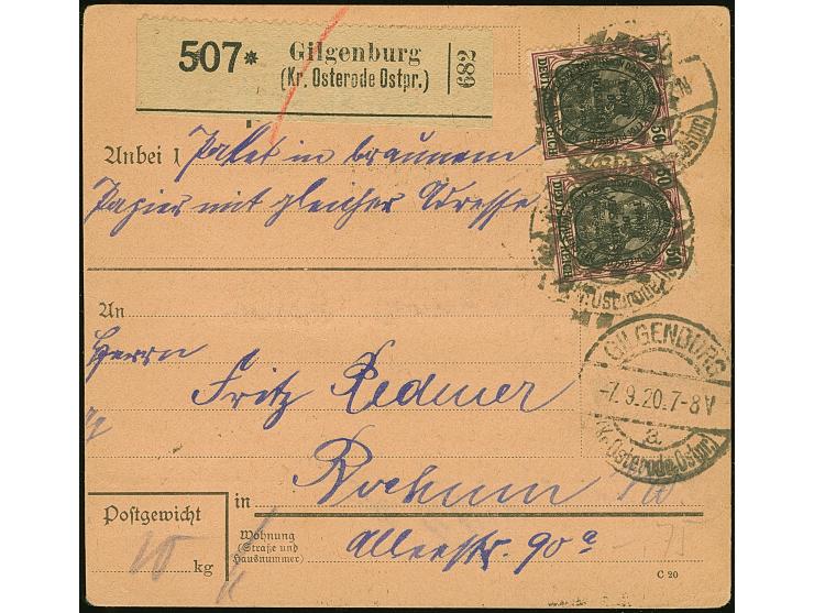1920, Aufdruckausgabe im Hochoval 50 Pfennig, zwei Einzelwerte und 6er-Block vorder- bzw. rückseitig mit Korkstempel und Aufg