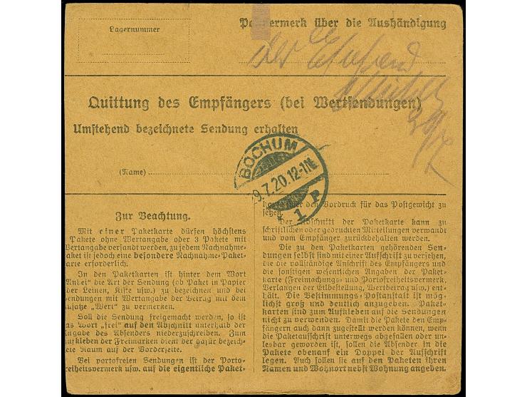 1920, Aufdruckausgabe im Hochoval 50 Pfennig sowie 1,50 Mark, sauber mit Aufgabestempel “SEEBURG 20.6.19” auf Paketkarte nach