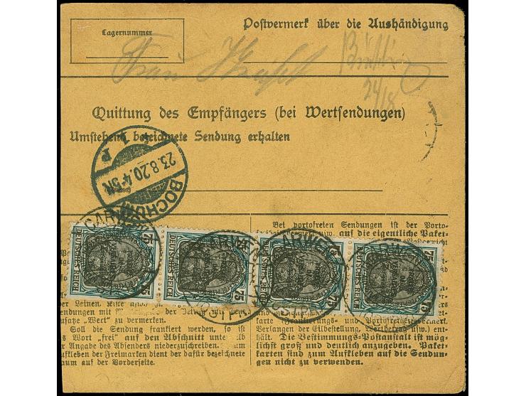 1920, Aufdruckausgabe im Hochoval 2,50 Mark, zwei Einzelwerte, sowie 75 Pfennig im senkrechten Viererstreifen, vorder- bzw- r