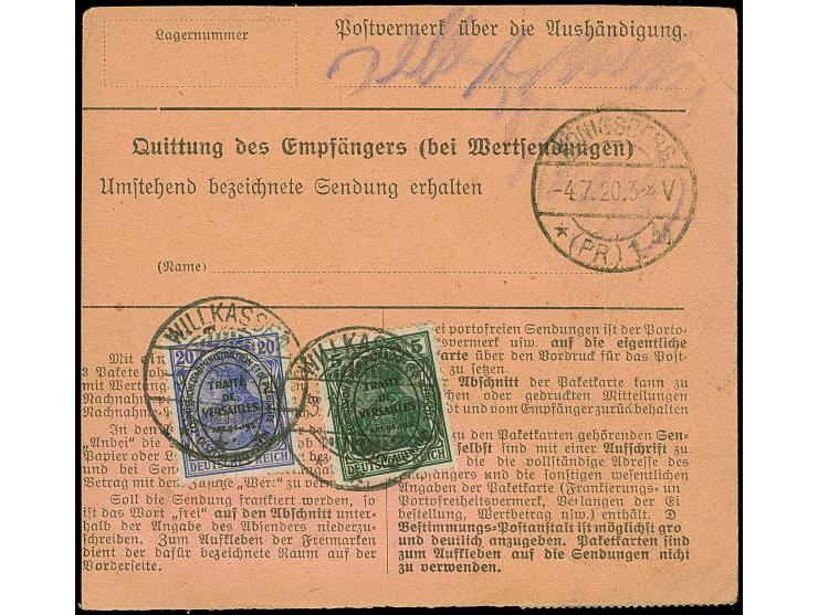 1920, Aufdruckausgabe im Hochoval 5, 20 und 75 Pfennig sowie senkrechtes Paar 1,25 Mark, vorder- bzw. rückseitig mit violette