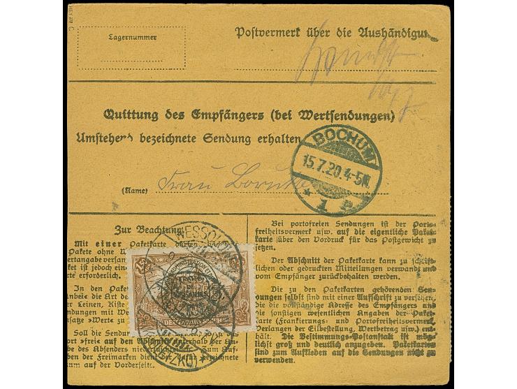 1920, Aufdruckausgabe im Hochoval 1,50 Mark dunkelorangebraun, waagerechtes Paar und Einzelwert, vorder- bzw. rückseitig mit 