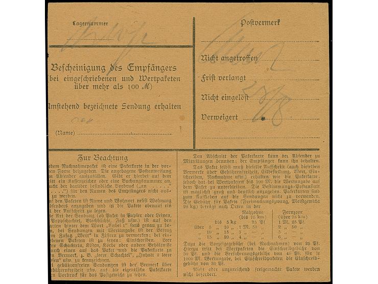1920, Aufdruckausgabe im Hochoval 3 Mark, sauber mit Aufgabestempel “ORTELSBURG 17.8.20” auf Nachnahme-Paketkarte nach Berlin