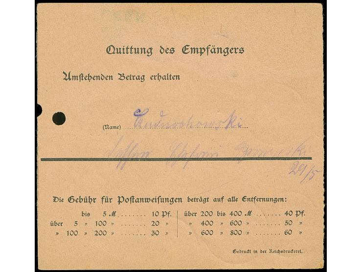 1920, Hochoval 75 Pfennig und 1,25 Mark, sauber mit Stempel “MILKEN 27.5.20” auf Postanweisung über “580 Mark - Pf” nach Wiar