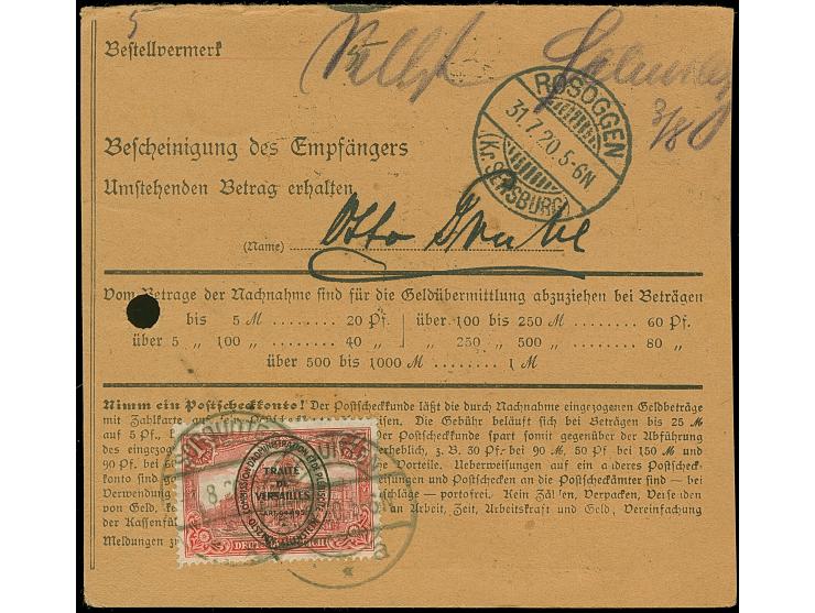 1920, Aufdruckausgabe im Hochoval 1 Mark, zwei Einzelwerte, vorder- bzw. rückseitig, sauber mit Stempel “SORQUITTEN 1.8.20” a