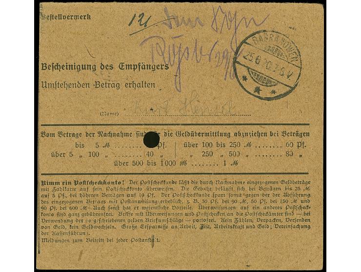 1920, Aufdruckausgabe im Hochoval 1,50 Mark dunkelorangebraun, sauber mit Stempel “SENSBURG 25.6.20” auf Postanweisung über “