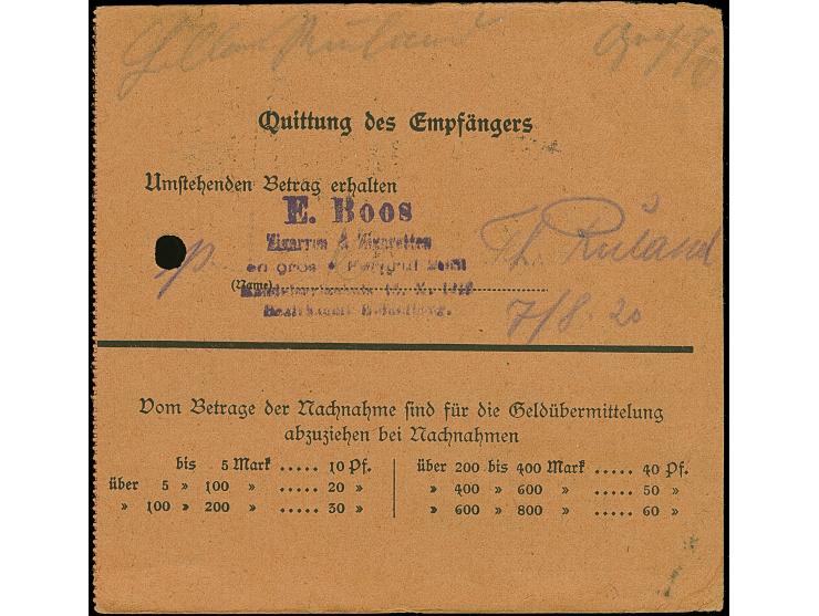 1920, Aufdruckausgabe im Hochoval 5 Pfennig, zwei Einzelwerte, sauber mit Stempel “SORQUITTEN 6.8.20” auf Postanweisung über 