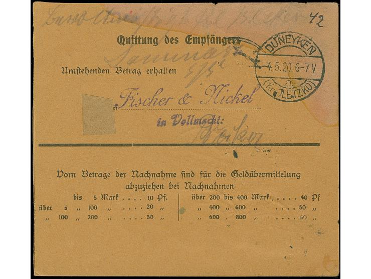 1920, Aufdruckausgabe 10 Pfennig, senkrechtes Paar und zwei Einzelwerte, sauber mit Stempel “MARGGRABOWA -4.5.20” auf Postanw
