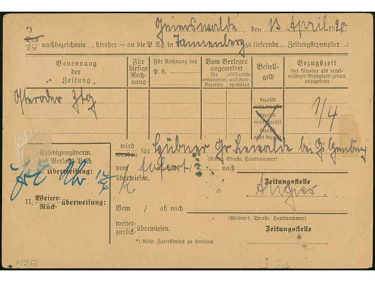 1920, Aufdruckausgabe 1 Mark, sauber mit Stempel “GEIERSWALDE 13.4.20” auf Zeitungsüberweisung nach Osterrode mit Ankunftsste