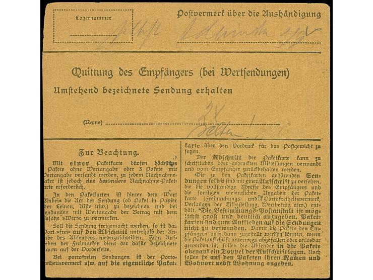 1920, 2. Mailänder Ausgabe 1 Mark, zwei Einzelwerte, sauber mit Korkstempel und Aufgabestempel “MARIENBURG 18.6.20” auf Paket