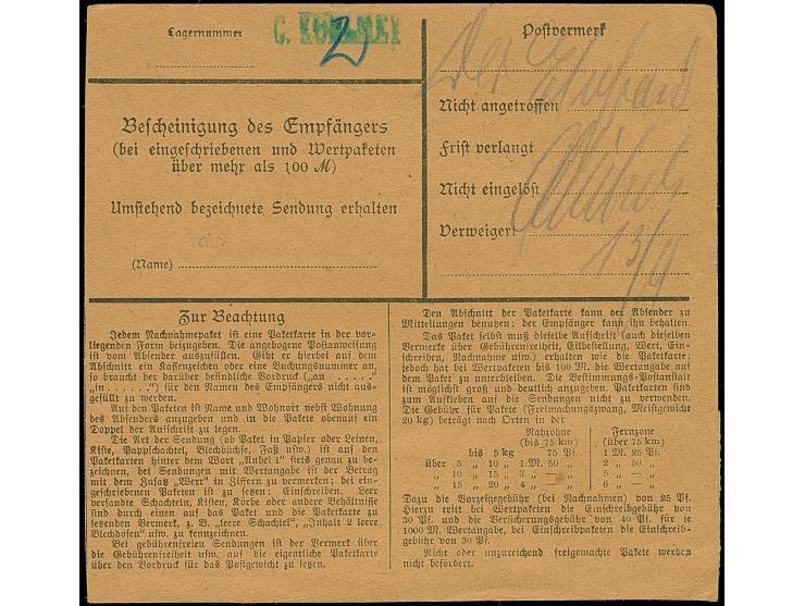 1920, 2. Mailänder Ausgabe 5 Mark, sauber Aufgabestempel “BISCHOFSWERDER 4 9 20” auf Nachnahme-Paketkarte über “192 Mark” nac