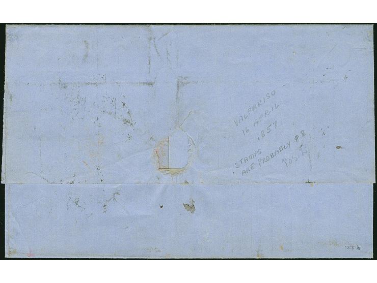 1857, Second London printing 5 c. red-brown on blued paper, horizontal right margin strip of three, nice colour, the left sta