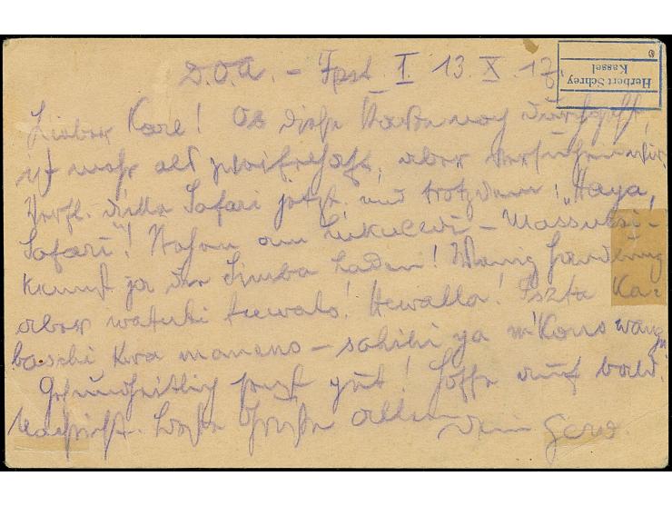 1917, “FELDPOSTSTATION DEUTSCH OSTAFRIKA 1 14.10.17” einmal etwas schwach auf Ganzsachenkarte 10 Pfg. mit nebengesetztem 2. k