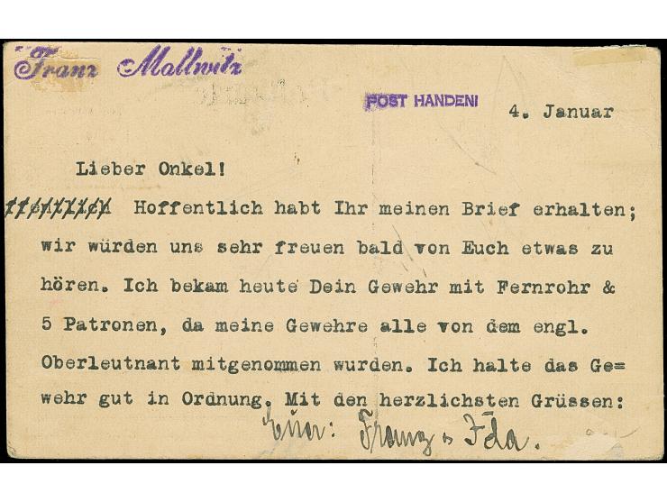 1917, “F.P.O. No. 337 11.JAN.17” auf Kaiseryacht 4 H. mit Wasserzeichen auf Postkarte mit Text und Datierung “Post Handeni 4.