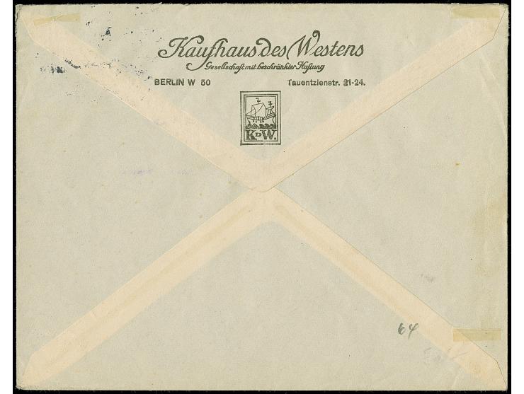 Incoming Mail: 1914, Germania 10 Pfg. mit Firmenlochung “K.d.W” (= Kaufhaus des Westen) und Stempel “BERLIN W50 31.7.14” auf 