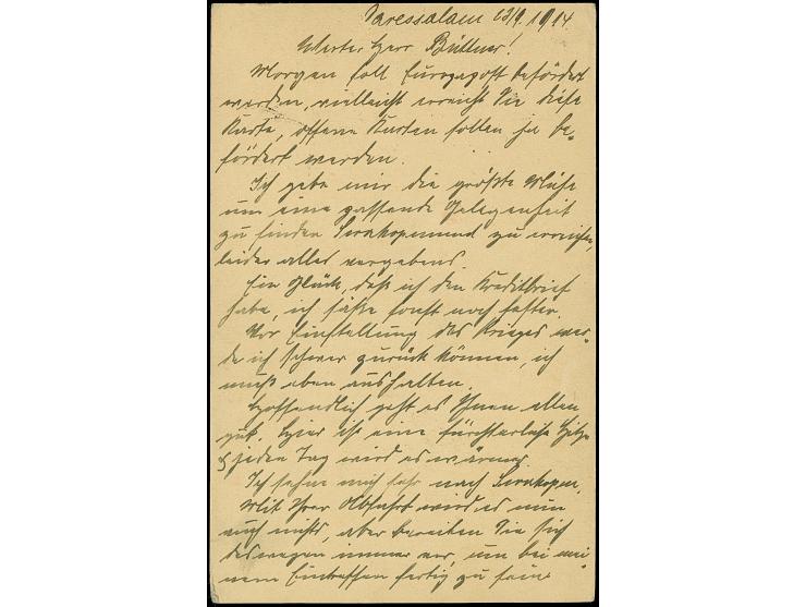 1914, Ganzsachenkarte 4 H. mit Stempel “DARESSALAM (DOA) c 24.9.14” mit viel Text und mehrfach abgeschlagenen Leitstempel “vi