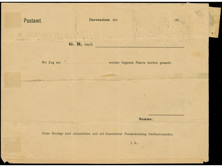 1916, provisorisches Telegramm auf Nachsende-Formular für ein Telegramm aus Mombo vom 8.4.1916 mit rotem L1 “DODOMA” und aufg