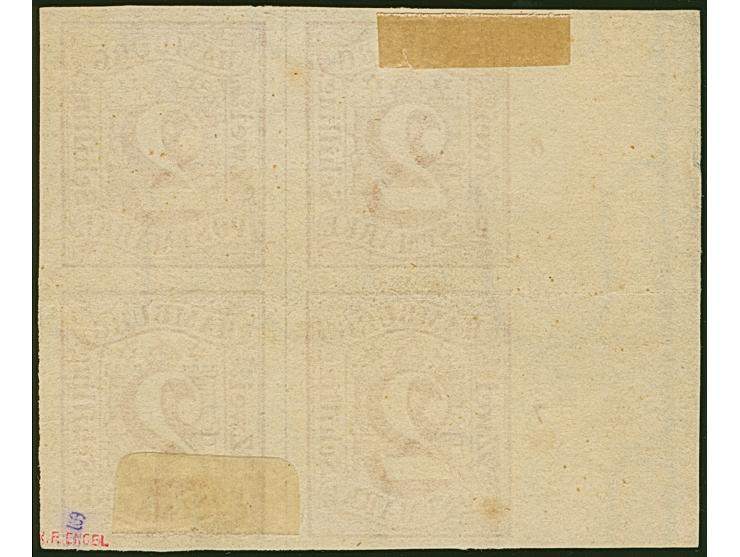 2 Sch. orangerot, 4er-Block, allseits breitrandig, links mit breitem Bogenrand mit Reihenzähler "6" und "7", ungebraucht ohne