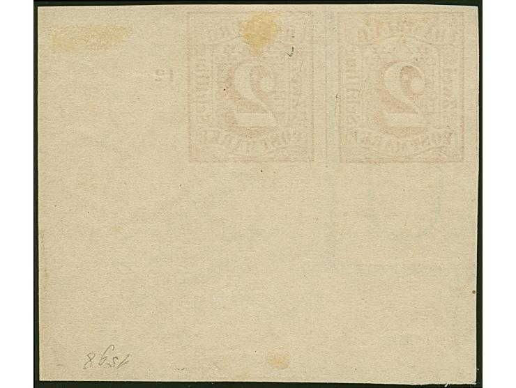 2 Sch. orangerot im waagerechten Paar aus der rechten unteren Bogenecke, dabei die rechte Marke ohne Wasserzeichen. Allseits 