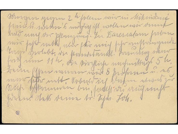 “DSP OST-AFRIKANSICHE ZWEIGLINIE *I 7.12.12” (D. Sultan) klar auf Ganzsachenkarte 4 H. mit viel Text und Datierung “z. Z. Lin