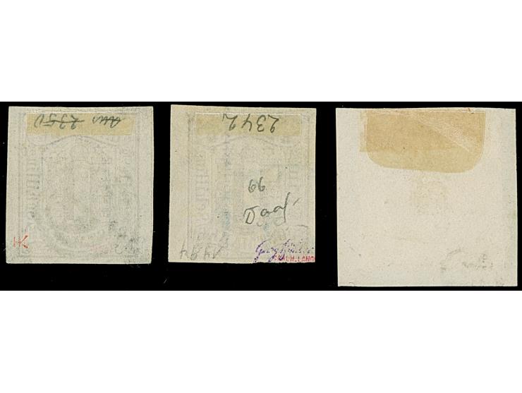 1 Sch. braun, 3 voll-bis breitrandige Einzelwerte mit seltenen Entwertungen: mit blauem Strichstempel auf Briefstück, linkes 