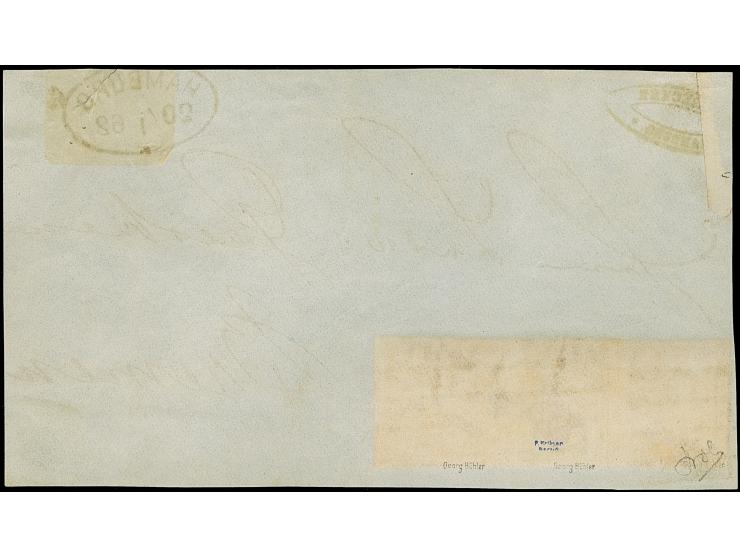 1 Sch. braun im waagerechten Dreierstreifen, voll- bis breitrandig und farbfrisch, mit jeweils sauber aufgesetztem Strichstem