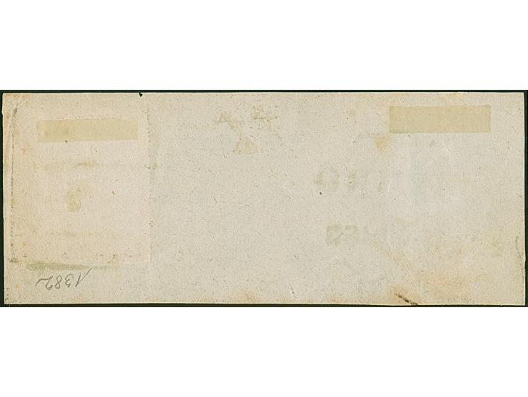 2 Sch. rot , farbfrisch und allseits breitrandig, mit sauber aufgesetztem schwarzblauen Strichstempel und nebengesetztem Schm