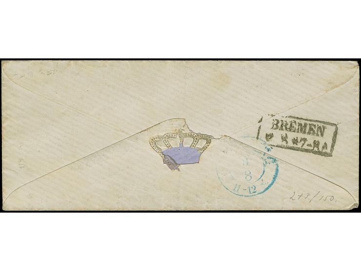 1 Sch. braun und 2 Sch. rot , beide farbfrisch und breitrandig, mit sauber aufgesetztem Strichstempel und nebengesetztem Oval