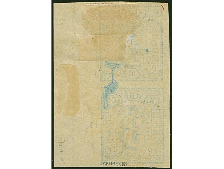 3 Sch. preußischblau im senkrechten Paar, allseits breitrandig, rechts mit breitem Bogenrand mit Reihenzählern “10” und “11”,