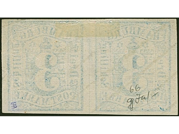 3 Sch. preußischblau im waagerechten Paar, voll- bis breitrandig, sauber entwertet durch Strichstempel. Tadellos.&nbsp;&nbsp;