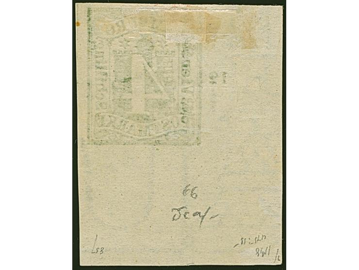 4 Sch. gelbgrün aus der linken unteren Bogenecke mit breiten Bogenrändern, Reihenzähler “12” Und großen Teil des Randwasserze