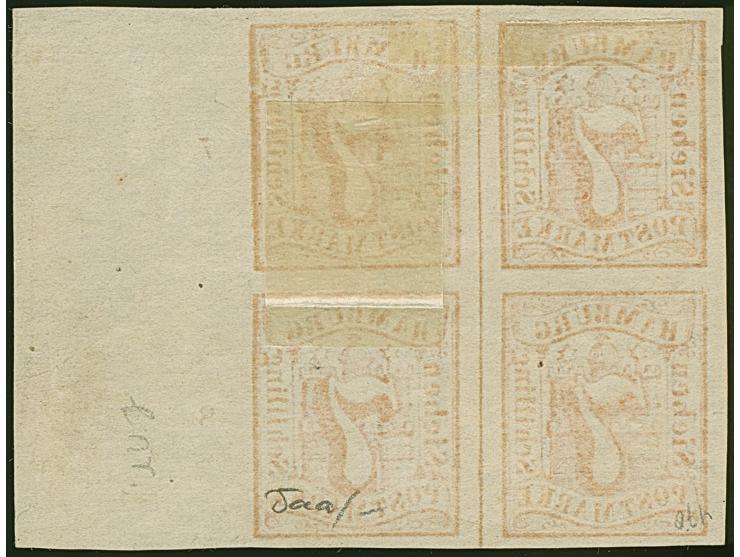 7 Sch. orange im 4er-Block, schöne tiefe Farbe und allseits breitrandig, rechts mit ca mm Bogenrand mit Reihenzählern “7” und