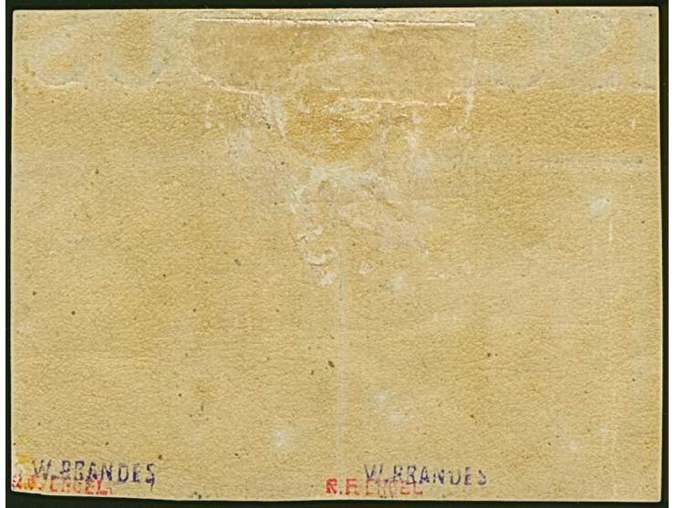 9 Sch. orangegelb, waagerechtes Paar in der typischen Farbe der frühen Auflage, voll-bis breitrandig, oben mit Bogenrand und 