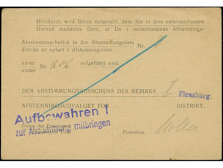 WAHLBENACHRICHTIGUNG: 1920, portofreie Drucksachenkarte ab “FLENSBURG 22.2.20” mit rückseitigem Vordruck “Hierdurch wird Ihne