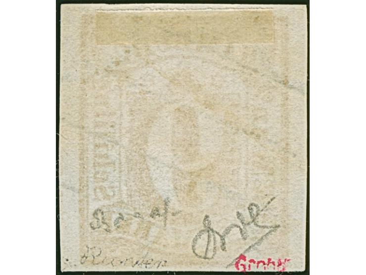 9 Sch. orangegelb, farbfrisch und voll- bis breitrandig, sauber entwertet durch klar aufgesetzten Strichstempel. Punkthelle S