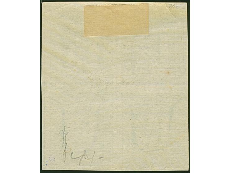 1¼ Sch. grünlichgrau im 4er-Block (Typen 3/4/7/8), voll- bis breitrandig, ungebraucht mit Originalgummi. Tadellos. Eine selte