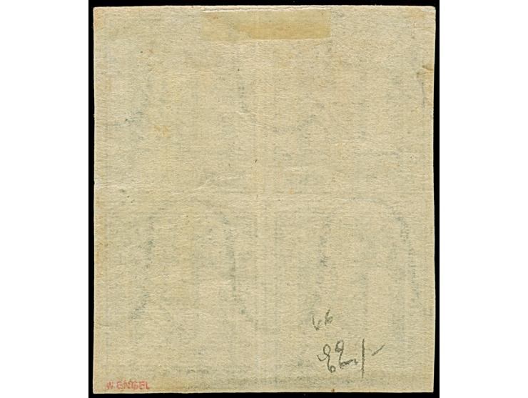 1¼ Sch. grau im 4er-Block (Typen 9/10/1/2), voll- bis breitrandig, ungebraucht mit nicht originalem Gummi. Senkrecht zwischen