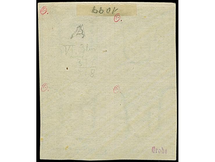 1¼ Sch. grünlichgrau im 4er-Block (Typen 3/4/7/8), farbfrisch und allseits breitrandig, ungebraucht mit Originalgummi. Rechts