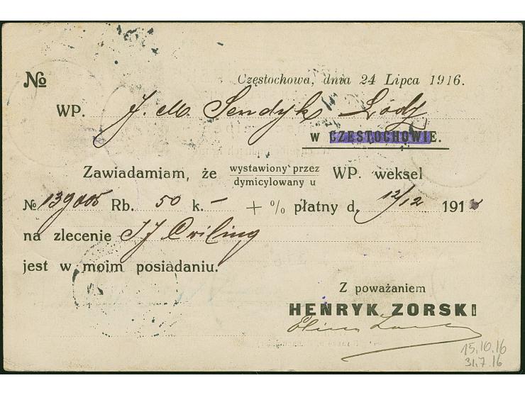 1920, Germania 5 und 20 Pfennig mit Stempel “CZENSTOCHAU 31.7.16” auf eingeschriebener Wechselbenachrichtungskarte nach Lodz,