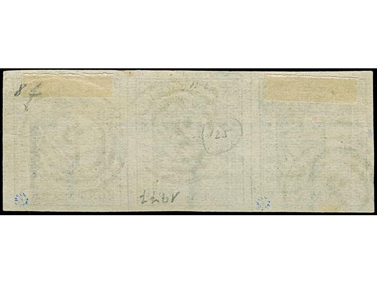 1¼ Sch. dunkelviolett im waagerechten 3er-Streifen (Typen 2/3/4), farbfrisch und allseits breitrandig, sauber entwertet durch