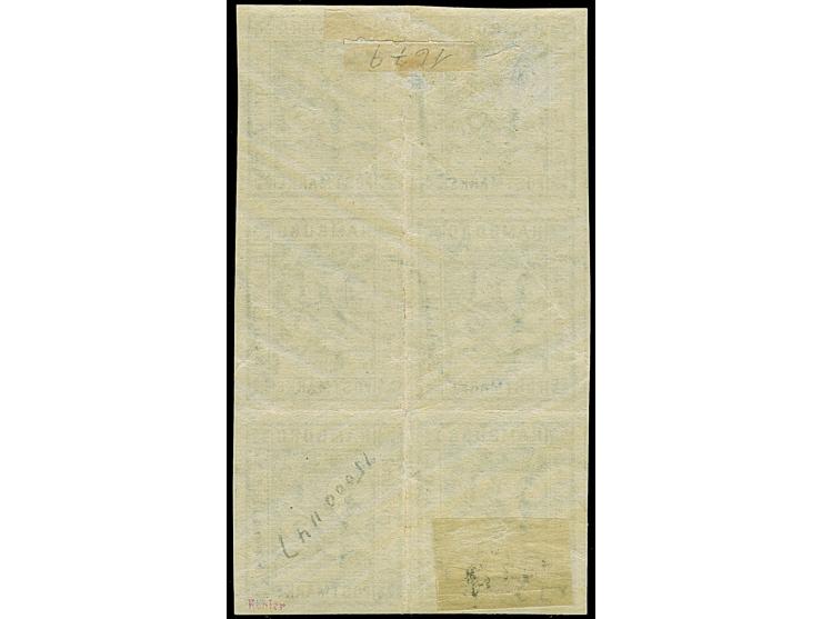 2½ Sch. grün im senkrechten 6er-Block (Typen4/1/8/5/12/9), farbfrisch und allseits breitrandig, ungebraucht mit Originalgummi