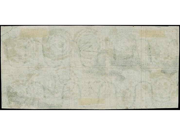 2½ Sch. grün im waagerechten 10er-Block farbfrisch und voll- bis meist breitrandig, jeder Wert einzelnen entwertet durch Nr. 