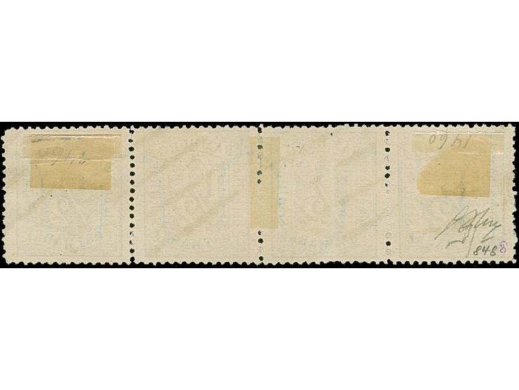 ½ Sch. schwarz im waagerechten Viererstreifen, farbfrisch und gut gezähnt, sauber entwertet durch schwarzblauen Strichstempel