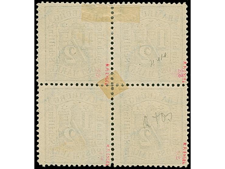 ½ Sch. schwarz im 4er-Block, farbfrisch und gut gezähnt, sauber entwertet durch schwarzblauen Strichstempel. Eine große Selte