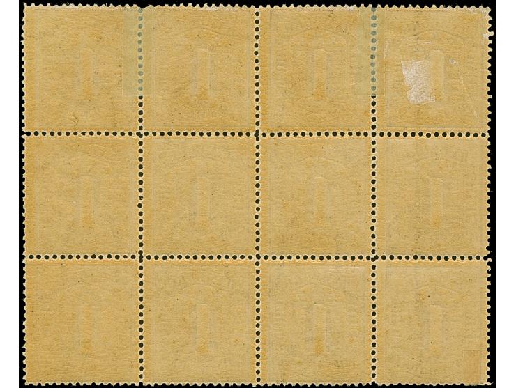 1 Sch. braun im waagerechten 12er-Block, farbfrisch und gut gezähnt, ungebrauchtmit Originalgummi, teilweise postfrisch. Eine