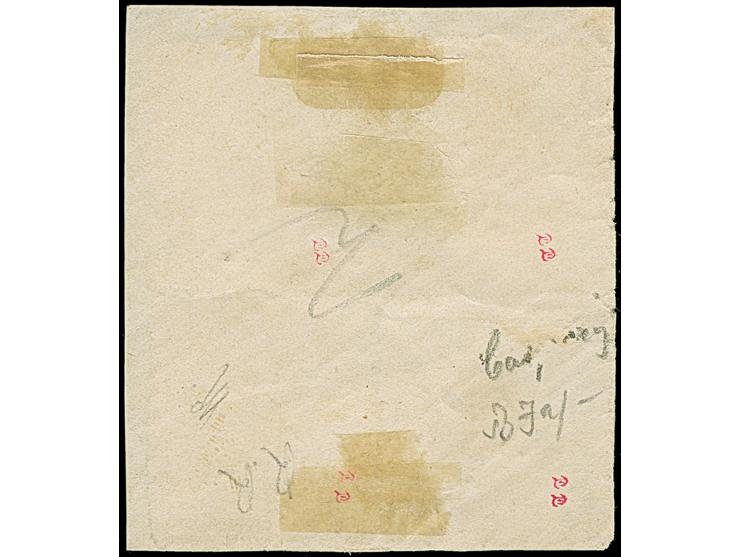 1 Sch. braun im Viererblock, farbfrisch und gut gezähnt, mit sauber aufgesetztem blauen Strichsstempeln auf Briefstück. Links